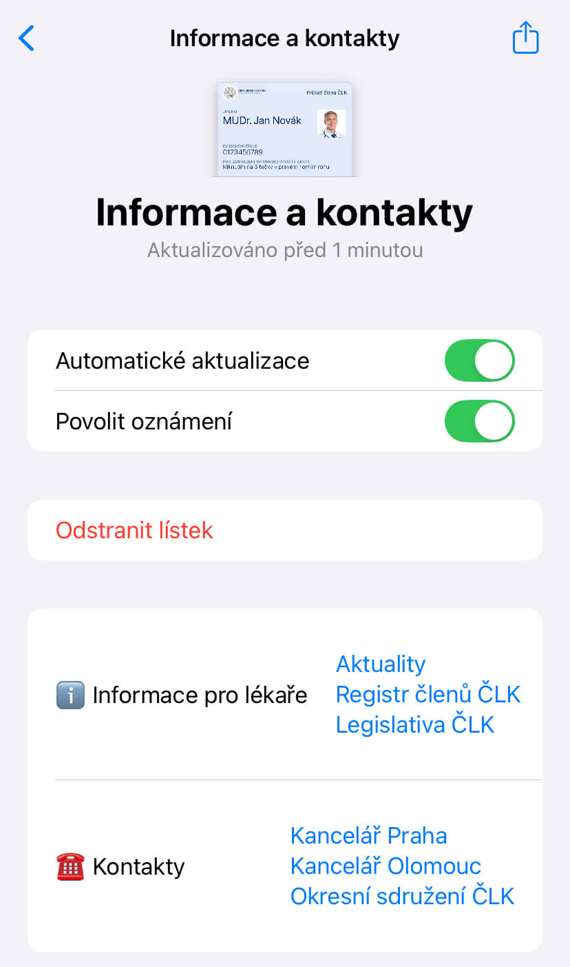 Průkaz lékaře - iOS - přední strana